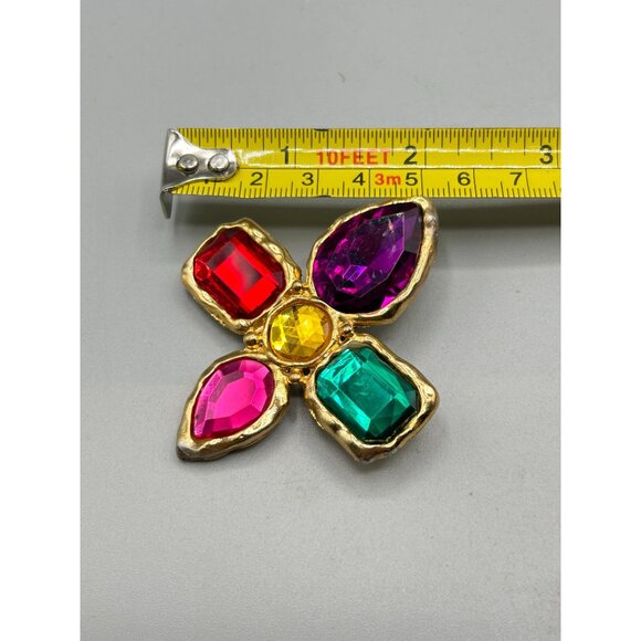 Vtg 80s 90s Colorful Pin Brooch Jeweled Red Green Purple Pink Gold Tone Metal - Picture 8 of 9